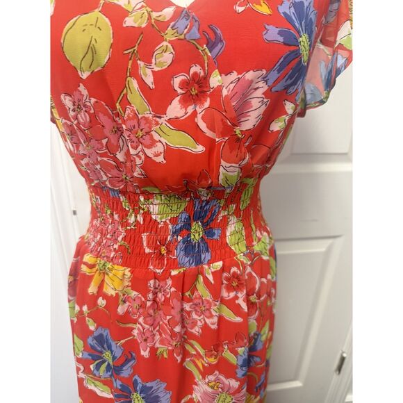 Jessica Simpson Dress Womens Medium Red Floral Ruffle Sleeve Smocked Waist Midi - Picture 4 of 12